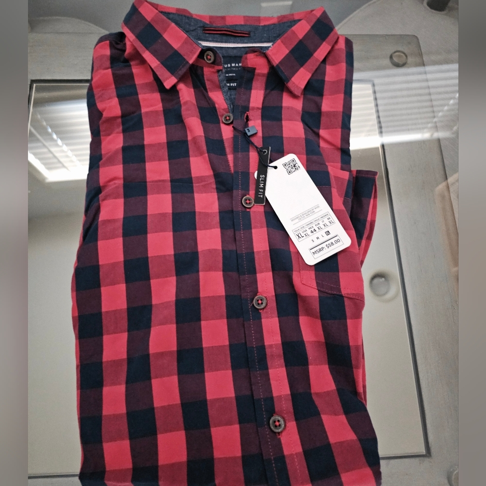 Men's Cactus Man Ricky Singh Red Blue  Plaid XL Long Sleeve Shirt